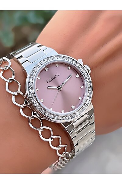 Ferrucci ÇELİK KORDON TAŞ MOTİFLİ KASA 3 ATM SU GEÇİRMEZ KADIN KOL SAATİ+BİLEKLİK HEDİYELİ