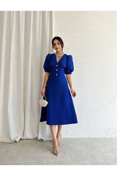 Afiş Butik Saks kék vékony gombos részletes félujjú Midi ruha