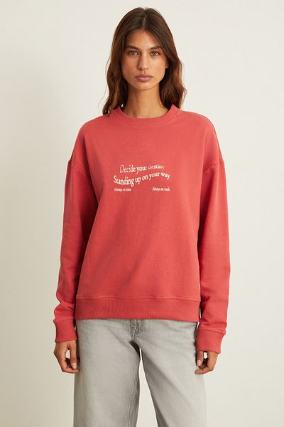 GRIMELANGE Ronja Printed Oversize Fit Round Collar Long Sleeve Red Sweatshirt with Ornamental Label Detail