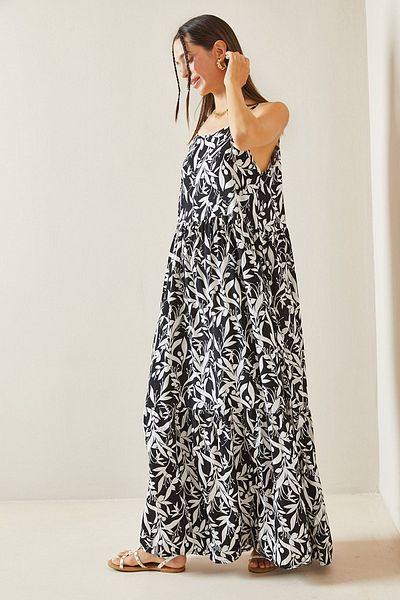 XHAN Strappy Black Patterned Midi Dress - 5YXK6-48860-02