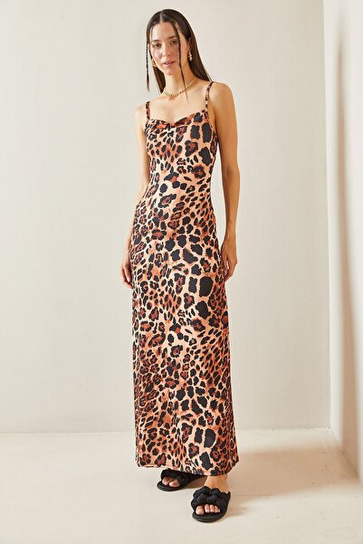 XHAN Kahverengi Leopar Desenli Askılı Maxi Elbise 5YXK6-48855-18
