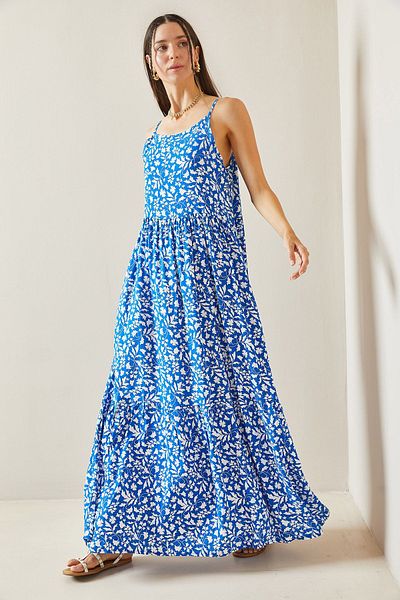XHAN Strappy Blue Patterned Midi Dress - 5YXK6-48859-12