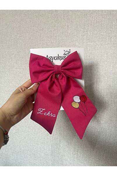 asyakuş إبزيم أوتوماتيكي بفيونكة ذيل وردية مع تطريز الاسم والبالون