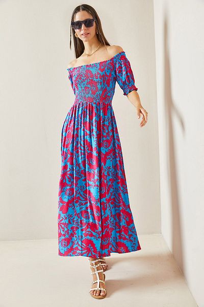 XHAN Boat Neck Burgundy Gipe Dress - Patterned, 5YXK6-48858-05