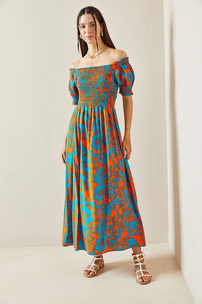 XHAN Boat Neck Orange Gipe Dress - Patterned, Model No: 5YXK6-48858-11