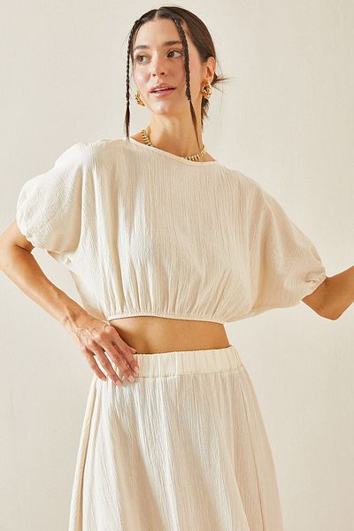 XHAN Beige Crop Blouse - Crew Neck, Elastic, 5YXK2-48837-25