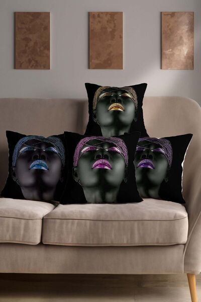 Şah Dekor Калъфка за възглавница от 4 части с дигитален печат, черно момиче, ...