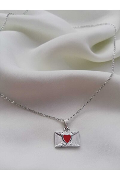 Judas Takı Red Silver Colored Mini Letter Necklace - Heart Design