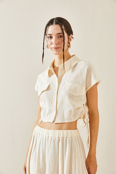 XHAN Polo Neck Beige Shirt - Gathered, Model 5YXK2-48844-25