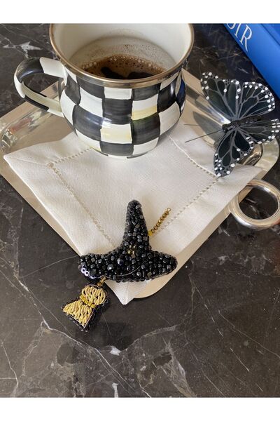 Handmade Hallowen işlemeli cadı çapkası figürlü kokteyl kahve yanı sunum peçe...