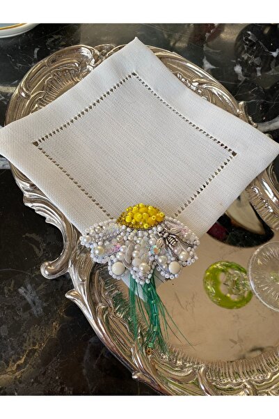 Handmade 1 adet Papatya boncuk işlemeli kahve yanı sunum peçetesi