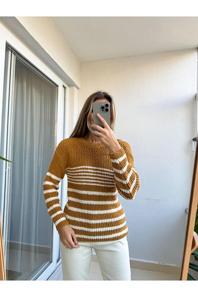 Bengi Clothing Pulover de damă cu dungi de culoare muștar - mânecă lungă