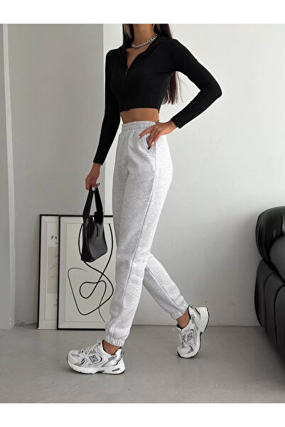 Jose Clothing Γυναικείο Φούτερ Γκρι Μελανζ επένδυση fleece Χοντρό Άνετο Εφαρμοσμένο Σχήμα