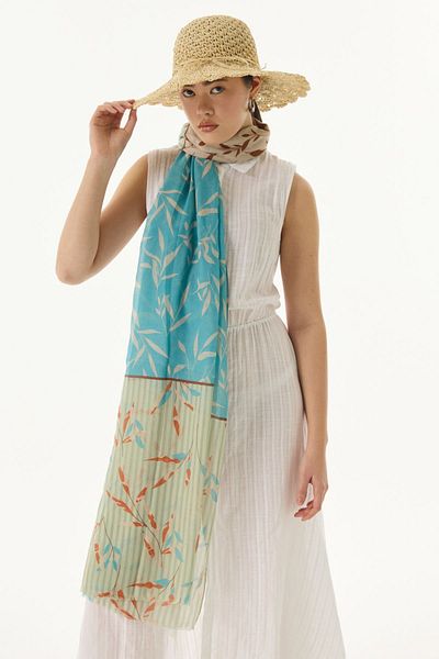 FENZA SCARF IVY Turquaz Pakuklu șal cu model de frunze în dungi