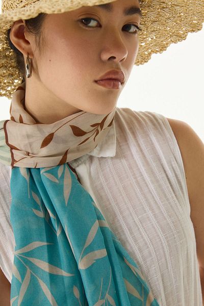 FENZA SCARF IVY Turquaz Pakuklu șal cu model de frunze în dungi
