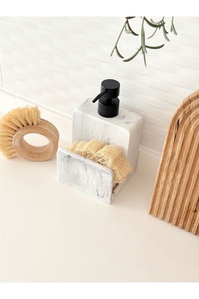 Minika Home Λευκός Διανομέας Υγρού Σαπουνιού - Πέτρινο Μαρμάρινο Μοτίβο και Θήκη Σφουγγαριού