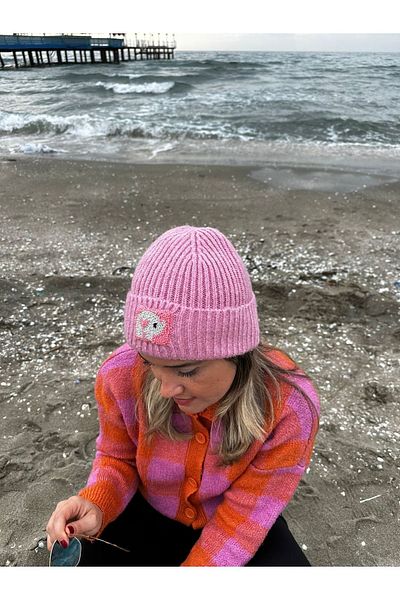 byebruketenci Pink Wool Luxury Beret with Pink Elephant Punch Detail, Unisex Beret