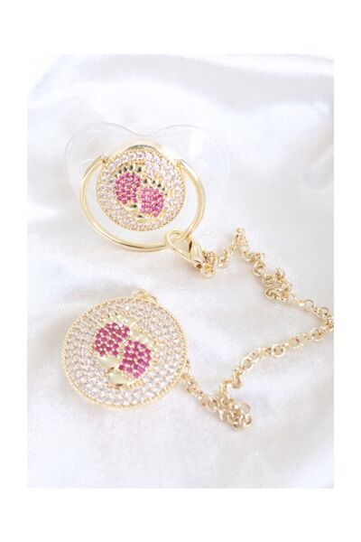 Minilola Gold Zirkon Taşlı Şeffaf Fuşya Ayak Figürlü Emzik Zincir Seti