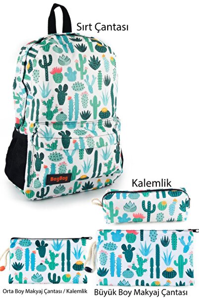 BYBAG 4'lü Set Kaktüs Desenli Sırt Çantası Kalemlik Makyaj Çantası Büyük Boy Makyaj Çantası