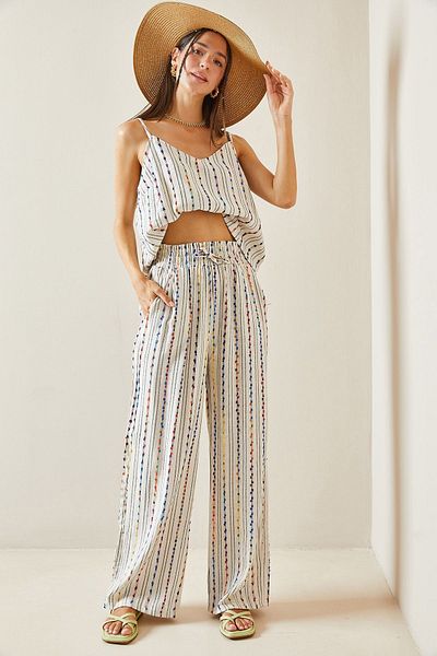 XHAN High Waist White Linen Trousers - Colorful Embroidered 5YXK5-48842-01