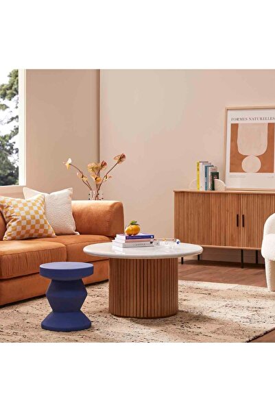 ERİZA Nare, Yeni Nesil Modern Yuvarlak Ekru & Natural Ahşap Orta Sehpa