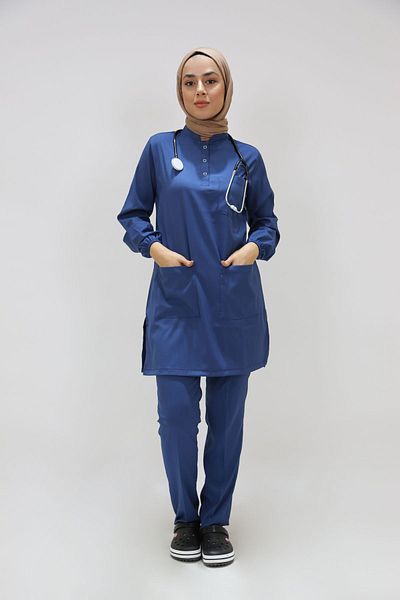 ÇİZGİ MEDİKAL Lycra Hijab Nurse Uniform Judge Collar Oil Blue Indigo Blue Suit