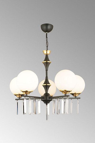 SONSUZ AYDINLATMA&AVİZE Mevlana Black 5-Piece White Globe Glass Luxury Up-Facing Crystal Stone Chandelier