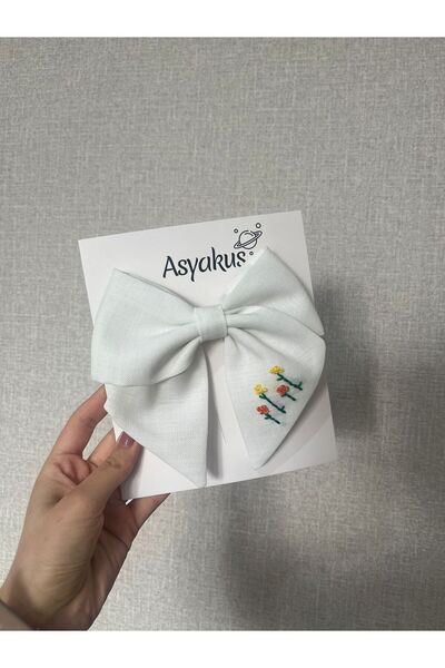 asyakuş White Embroidered Bow Automatic Hair Clip