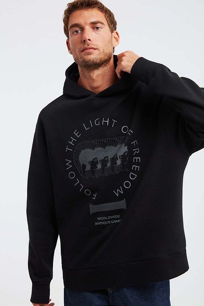 GRIMELANGE Olympos Men's 100% Organic Cotton 3 Thread Oversize Printed Hooded Corded Black Sweatshirt
