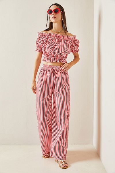 XHAN Red Striped Elastic Waist Crop Suit - 5YXK8-48834-04