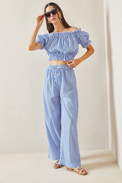 XHAN Blue Striped Crop Set - Elastic Waist 5YXK8-48834-12