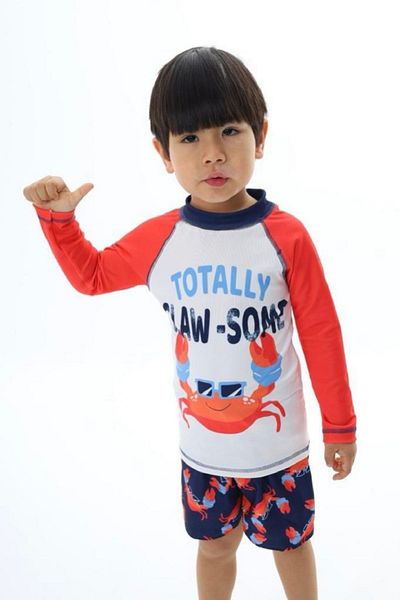 PODİUM GİYİM NEW TREND CUTE CRAB PATTERNED UV PROTECTION BABY-KIDS SWIMSUIT SET WITH LONG SLEEVE SHORTS