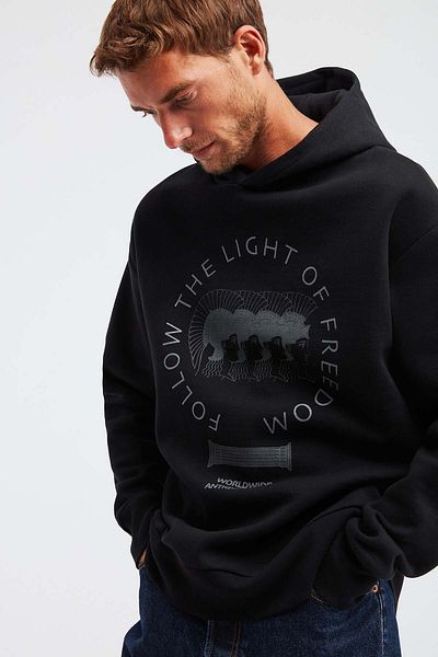 GRIMELANGE Olympos Men's 100% Organic Cotton 3 Thread Oversize Printed Hooded Corded Black Sweatshirt