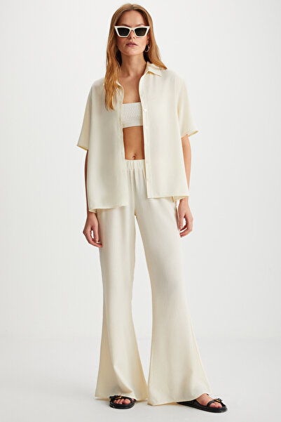 GRIMELANGE Carmına Kadın Kısa Kollu Dugmeli Cepsiz Ekru Gömlek