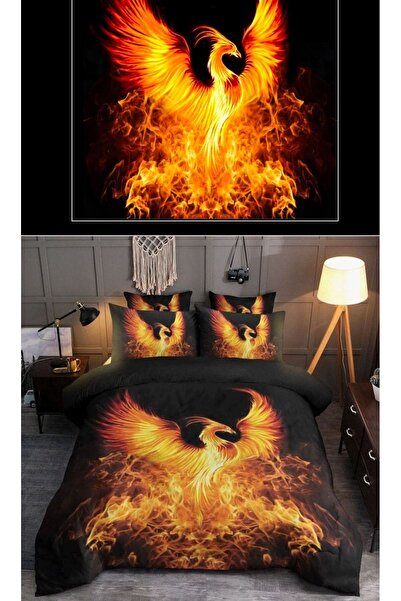 Elmas Dizayn طقم غطاء لحاف مزدوج - 4 قطع فينيكس أسود برتقالي، 2 ستارة خلفية
