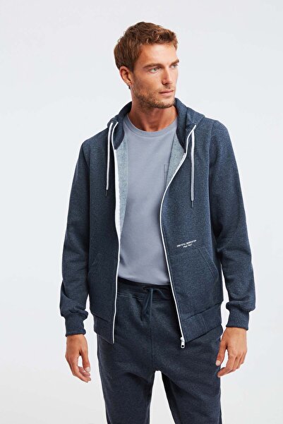 GRIMELANGE Pánská mikina Momentum na zip s vysokým límcem a kapucí v tmavě modré barvě s vyšívanou šňůrkou a fleecem uvnitř