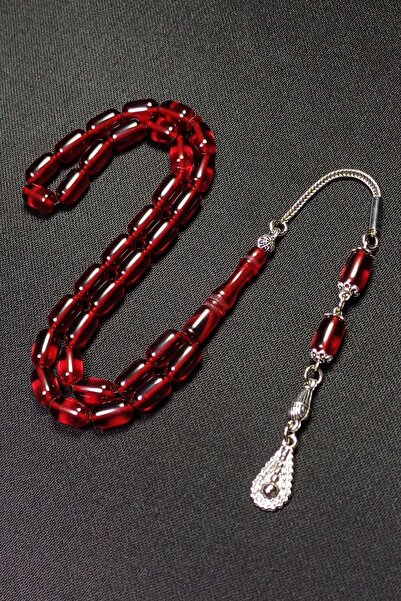 CADES مسبحة من العنبر الأحمر الناري مطلية بالفضة