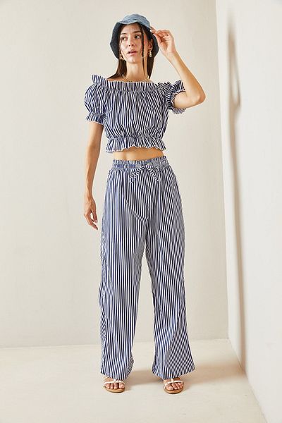 XHAN Navy Blue Striped Crop Set - Elastic Waist 5YXK8-48834-14