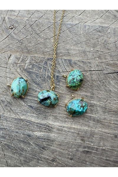 Gökçeada African Turquoise (Fruise) Natural Stone Oval Necklace - Non-Tarnish Chain