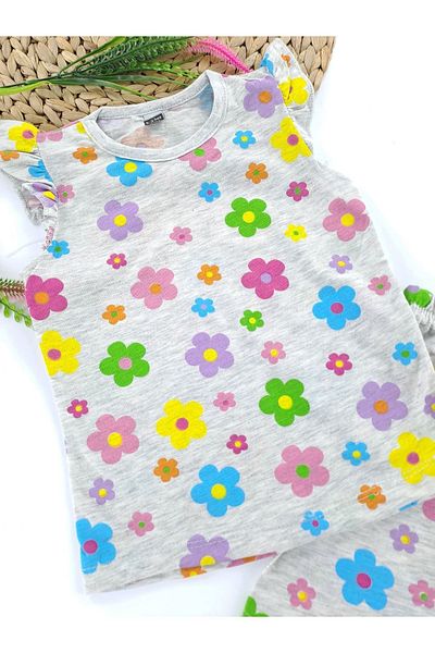 Butik Gray Floral Printed Girl's Summer Shorts Pajamas Set