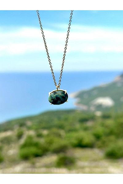 Gökçeada African Turquoise (Fruise) Natural Stone Oval Necklace - Non-Tarnish Chain