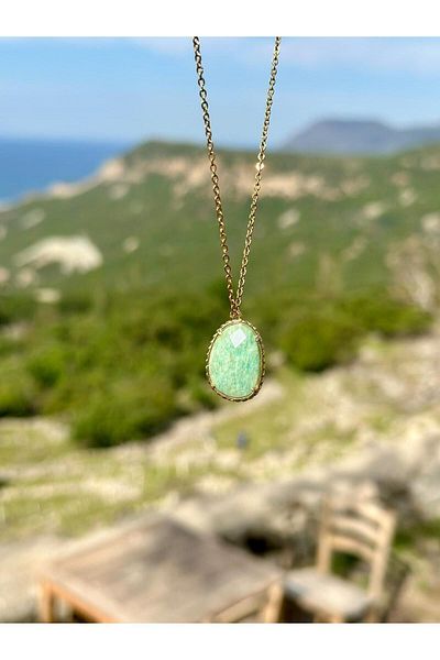 Gökçeada Amazonite Natural Stone Embroidered - Chainless Anti-Tarnish Necklace