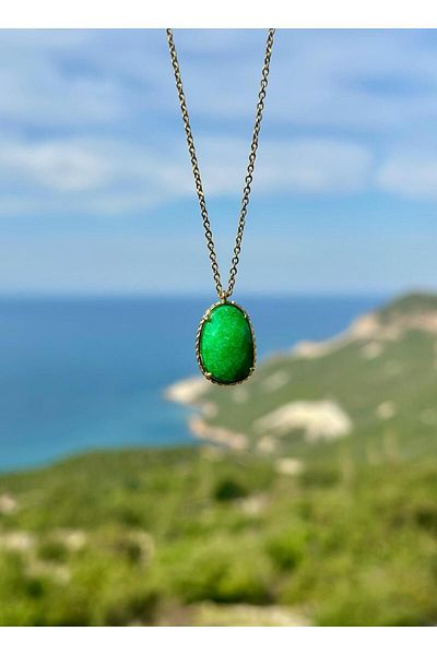 Gökçeada Jade Stone Natural Stone Embroidered Necklace - Non-Tarnish Chain