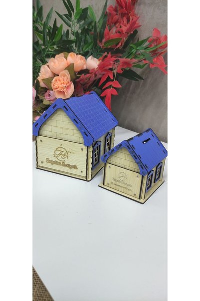 hayalimhediyelik Wooden House Blue Large Piggy Bank Parent & Child 2 Pieces