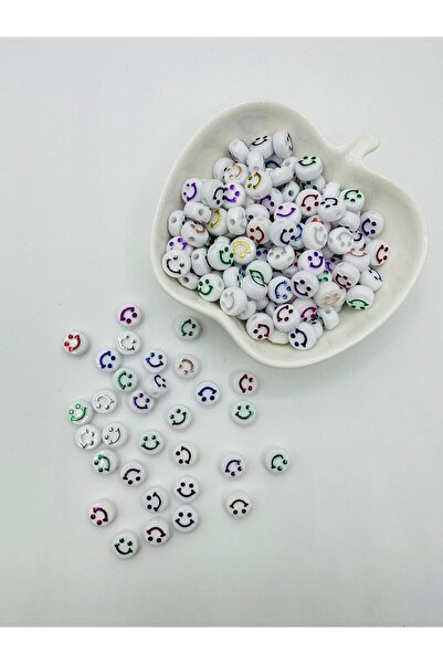 Egem aksesuar 100 плоски бели мъниста с цветни усмихнати лица