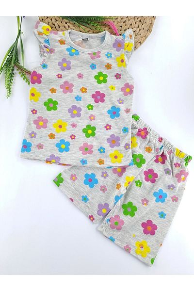 Butik Gray Floral Printed Girl's Summer Shorts Pajamas Set