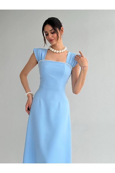 mafdress rochie midi bebe albastra de seara de absolvire perla