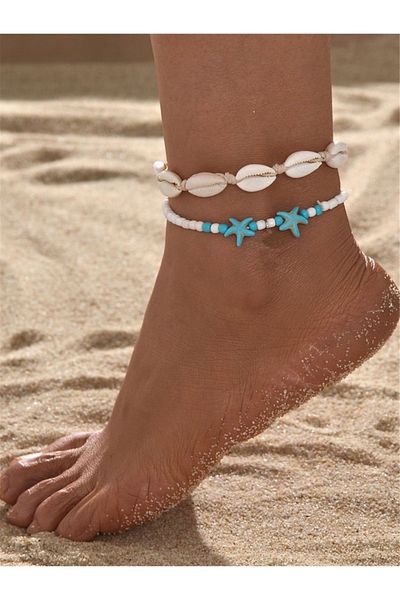 Stoneday Seashell Crimped Turquoise Star Detailed 2-Piece Foot Accessory Anklet Set
