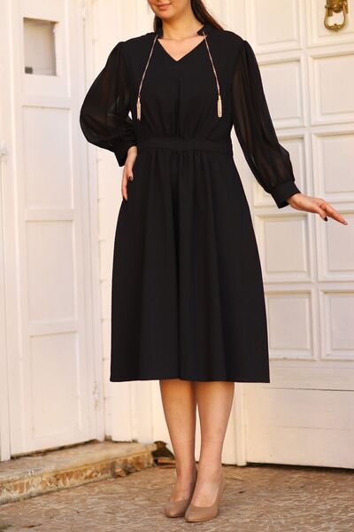 THE Q STUDİO Women's Black Midi Length Long Sleeve Plus Size Dress