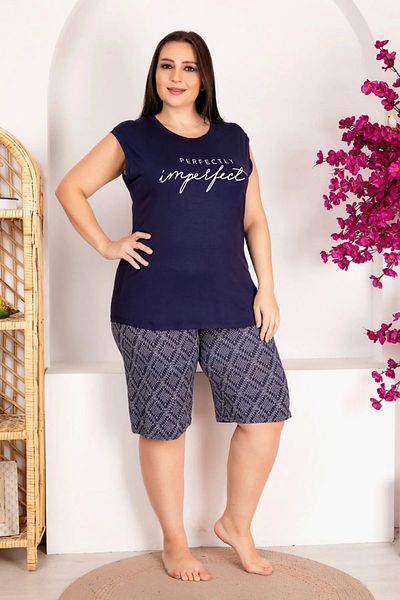 Yenimodam Navy Blue Color Print Lady 10418 Plus Size Shorts Pajamas Set